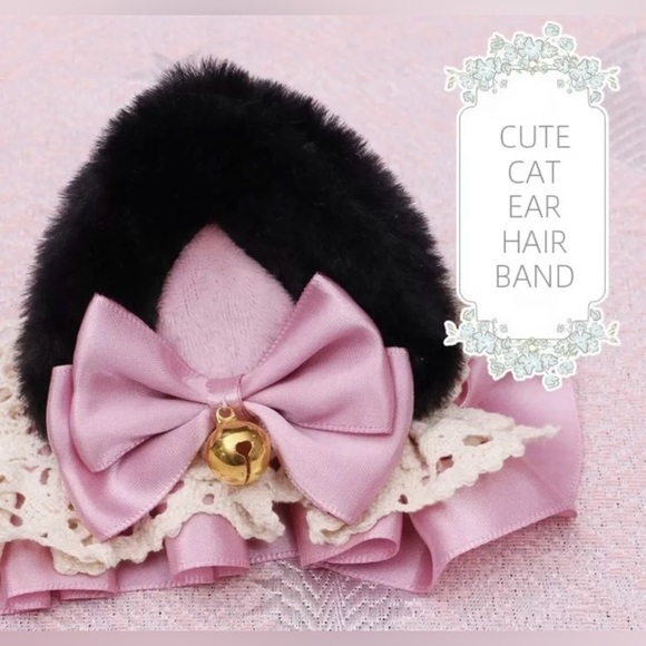 Lolita Cat Plush Ears Headband - Cosplay Kawaii Halloween Costume - Black & Pink - Picture 4 of 4